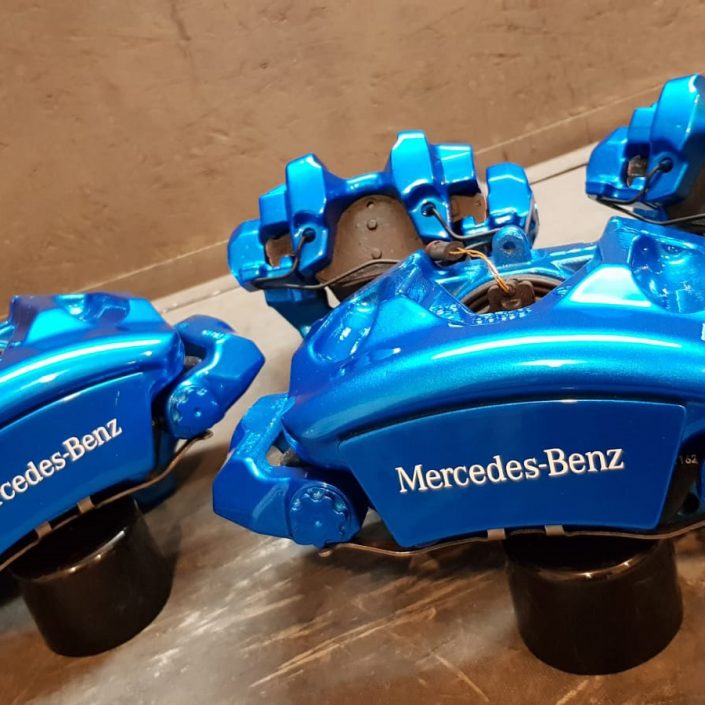 Mercedes E Class brake caliper painting and refurb finished in candy blue