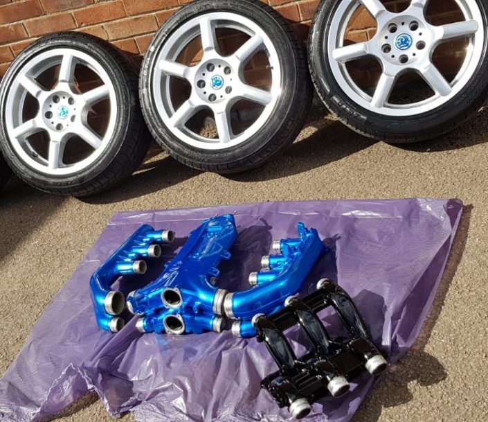 candy blue engine parts and covers painting, hydrodipping and hydrographics