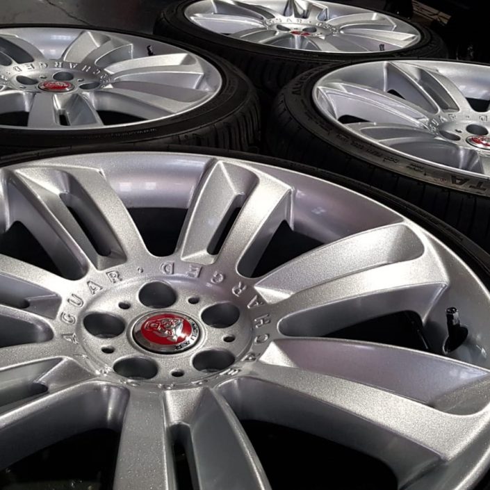 sparkle effect silver paint finish on Jaguar alloy wheels